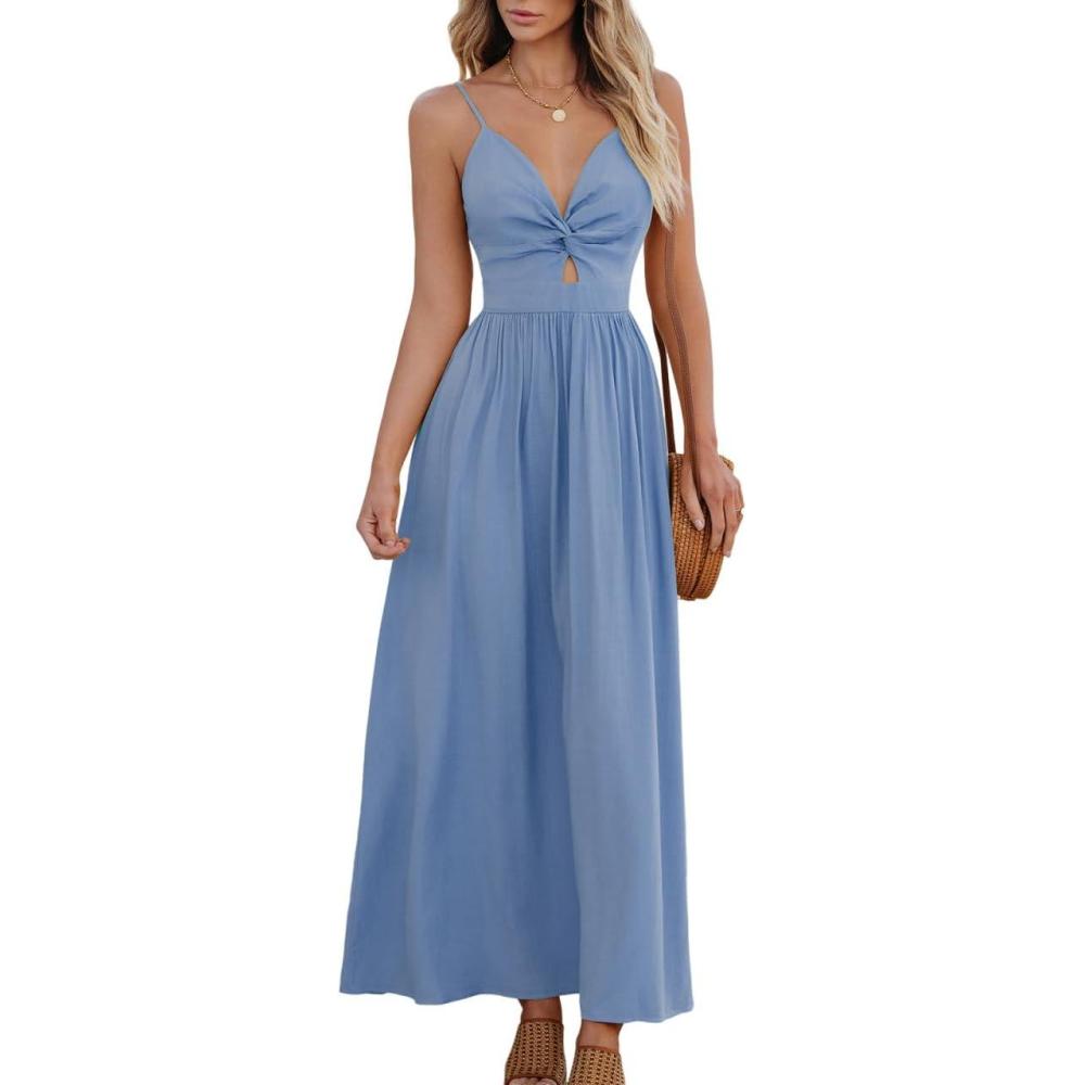 imageCUPSHE Women Casual Dress Beach Sleeveless V Neck Summer Cutout Spaghetti Straps Formal Maxi Sun DressesBlue