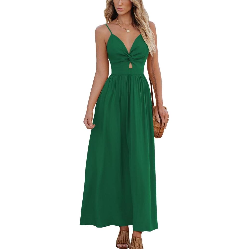 imageCUPSHE Women Casual Dress Beach Sleeveless V Neck Summer Cutout Spaghetti Straps Formal Maxi Sun DressesDark Green