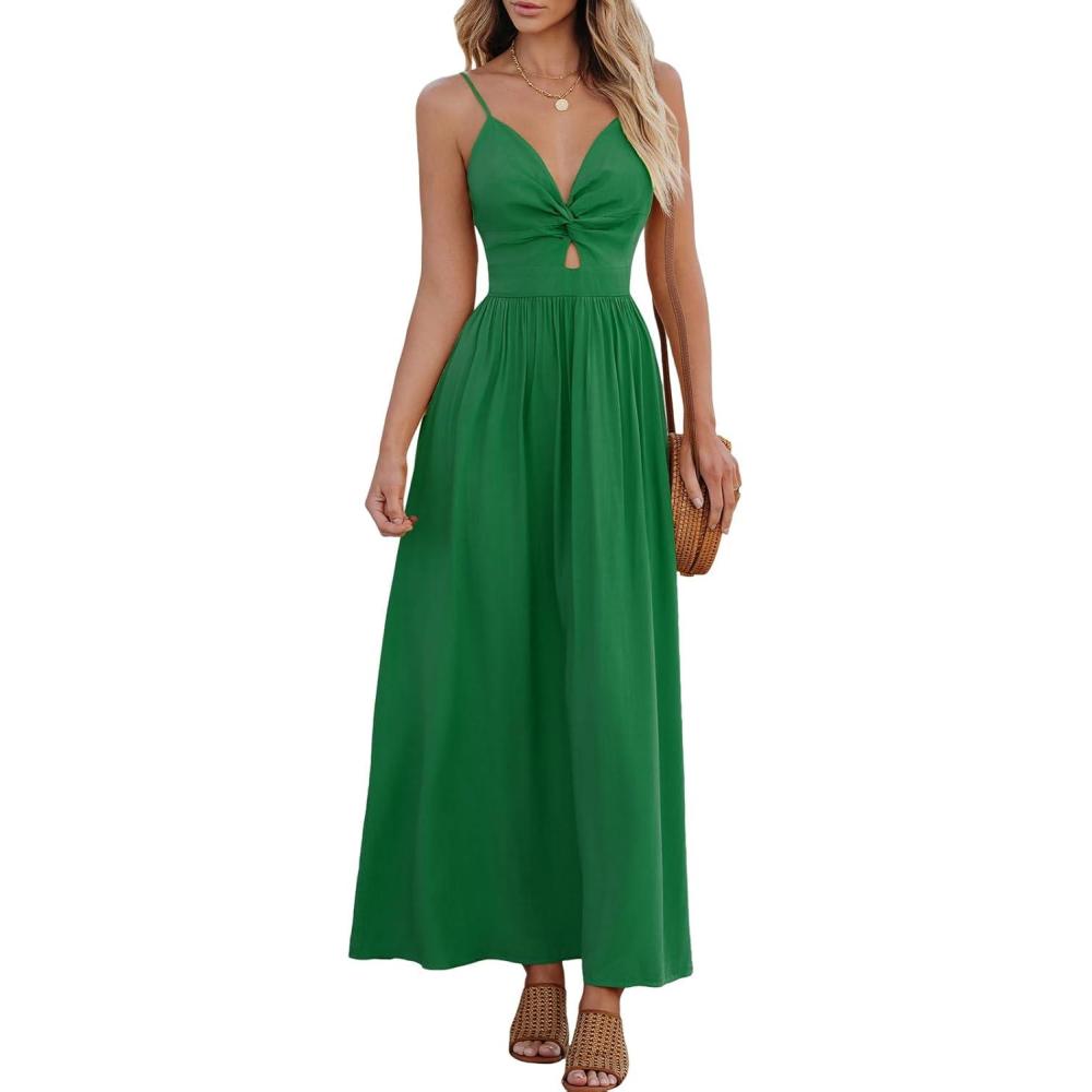 imageCUPSHE Women Casual Dress Beach Sleeveless V Neck Summer Cutout Spaghetti Straps Formal Maxi Sun DressesGreen