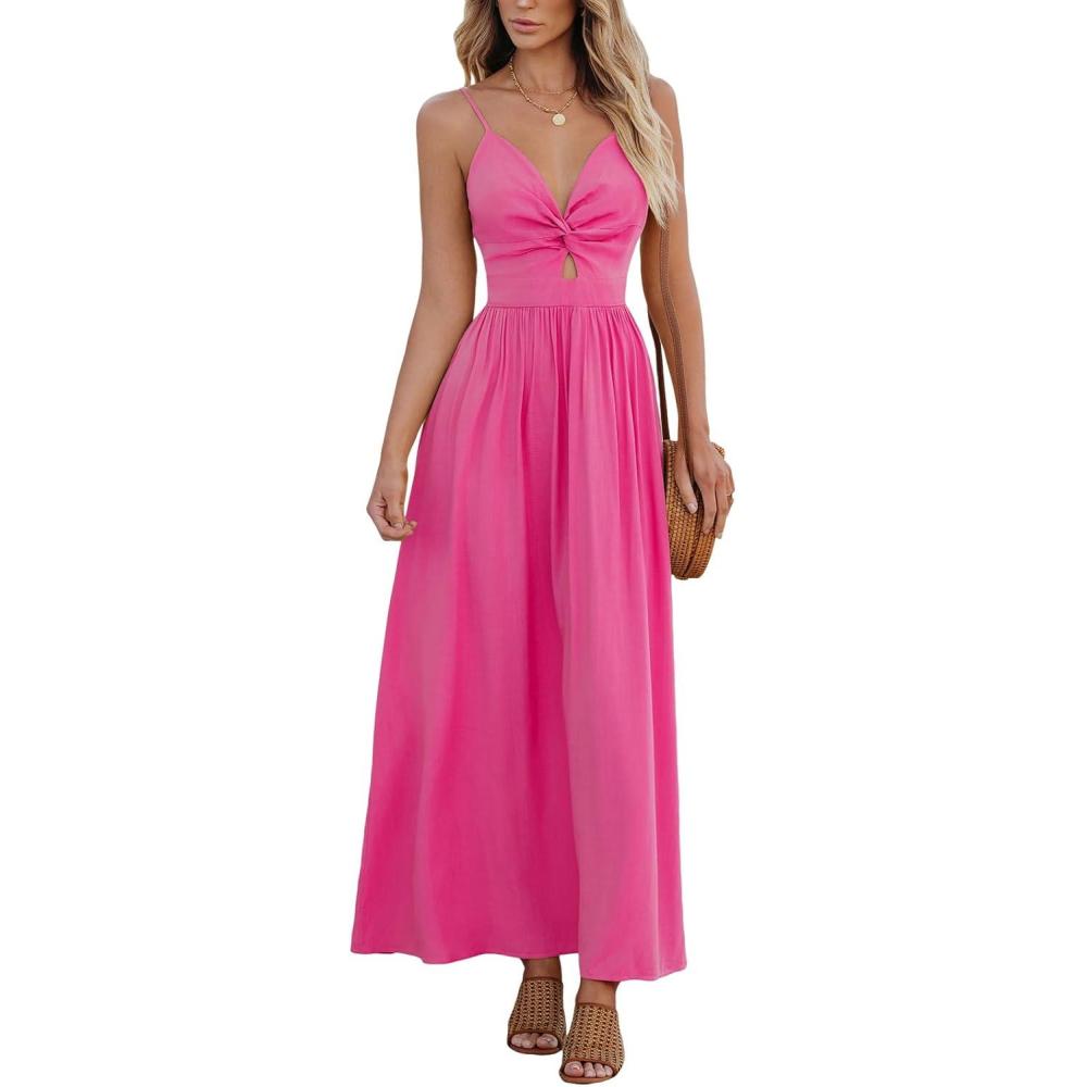 imageCUPSHE Women Casual Dress Beach Sleeveless V Neck Summer Cutout Spaghetti Straps Formal Maxi Sun DressesHot Pink