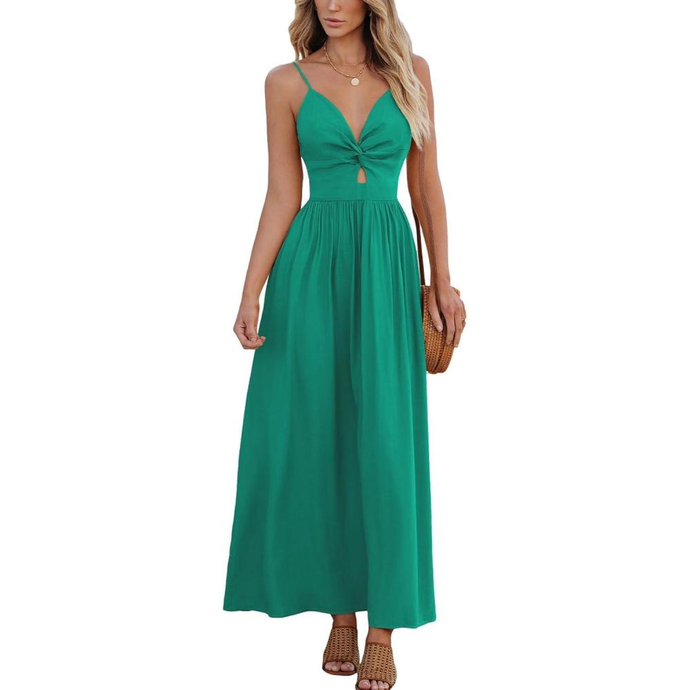 imageCUPSHE Women Casual Dress Beach Sleeveless V Neck Summer Cutout Spaghetti Straps Formal Maxi Sun DressesPeacock Green