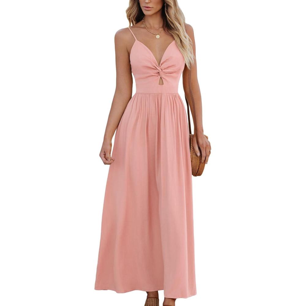 imageCUPSHE Women Casual Dress Beach Sleeveless V Neck Summer Cutout Spaghetti Straps Formal Maxi Sun DressesPink