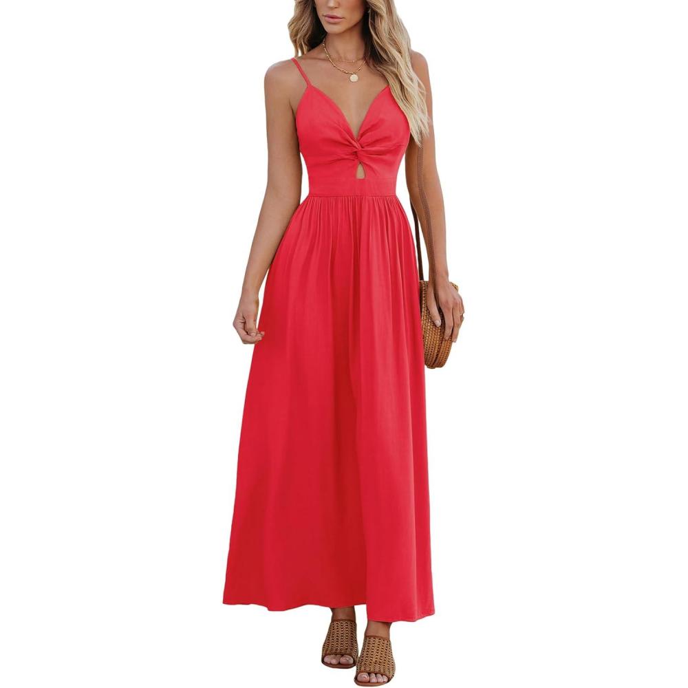 imageCUPSHE Women Casual Dress Beach Sleeveless V Neck Summer Cutout Spaghetti Straps Formal Maxi Sun DressesRed