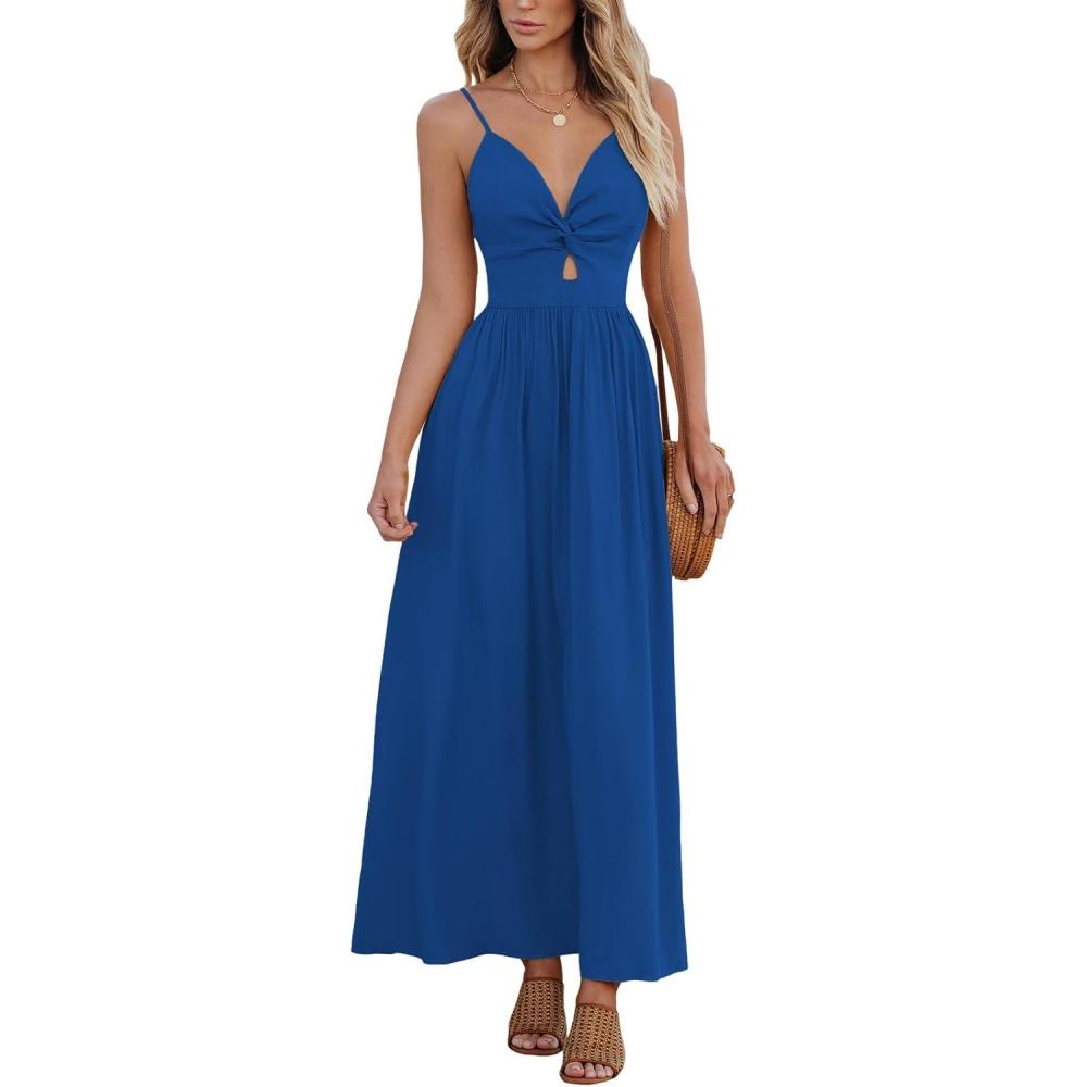 imageCUPSHE Women Casual Dress Beach Sleeveless V Neck Summer Cutout Spaghetti Straps Formal Maxi Sun DressesRoyal Blue