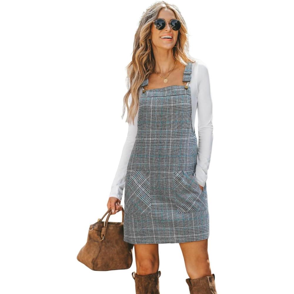 imageCUPSHE Women Corduroy Fall Dresses Front Bib Pocket Square Neck Wide Strap Casual Overall Mini DressBlue Plaid