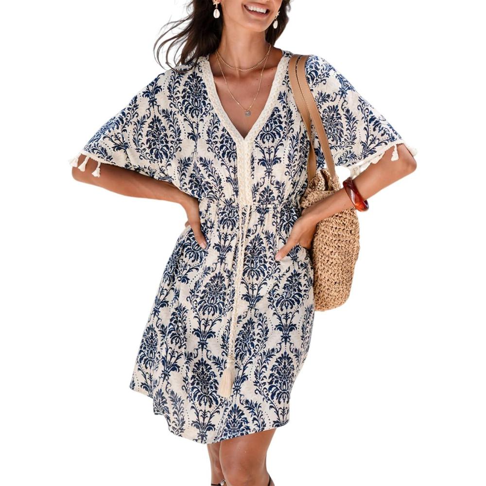 imageCUPSHE Women Tassel Trim Summer Dress V Neck Lace Short Sleeve Paisley Boho Casual Sundress Holiday Beach Mini DressBlue