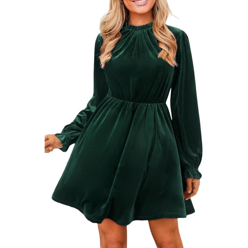 imageCUPSHE Womens Fall Dresses 2025 High Neck Long Sleeve Mini Party Ruffled Casual Tunic Velvet Wedding Guest DressGreen