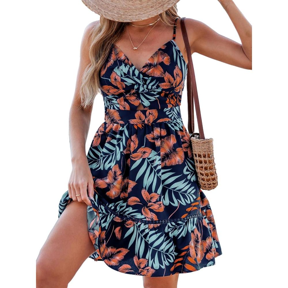imageCUPSHE Womens Floral Mini Sundress Twisted V Neck Sleeveless Short Dress Self Tie Back Summer Vacation Beach DressNavy Tropical
