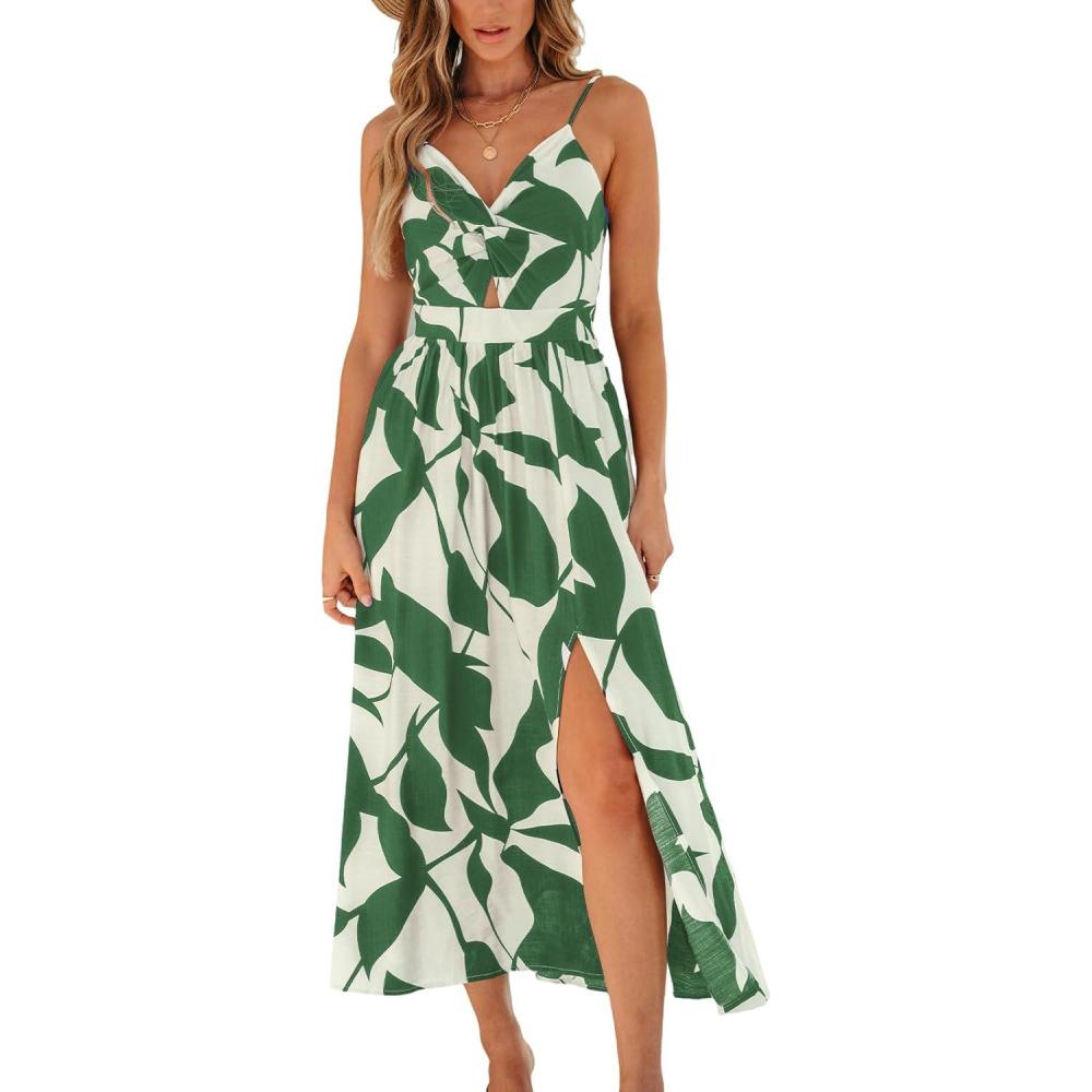 imageCUPSHE Womens Long Dresses Summer Sleeveless Beach Casual Side Slit Spaghetti Straps Vacation Graduation Midi DressGreen Printed