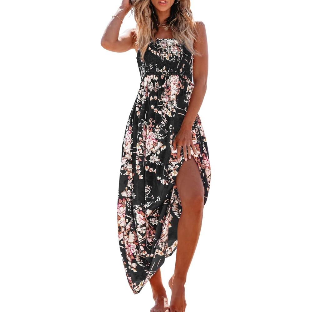 imageCUPSHE Womens Maxi Dress Ditsy Floral Smocked Summer Sundress Sleeveless Ruffled Spaghetti Straps Long Beach Formal DressBlack Printed
