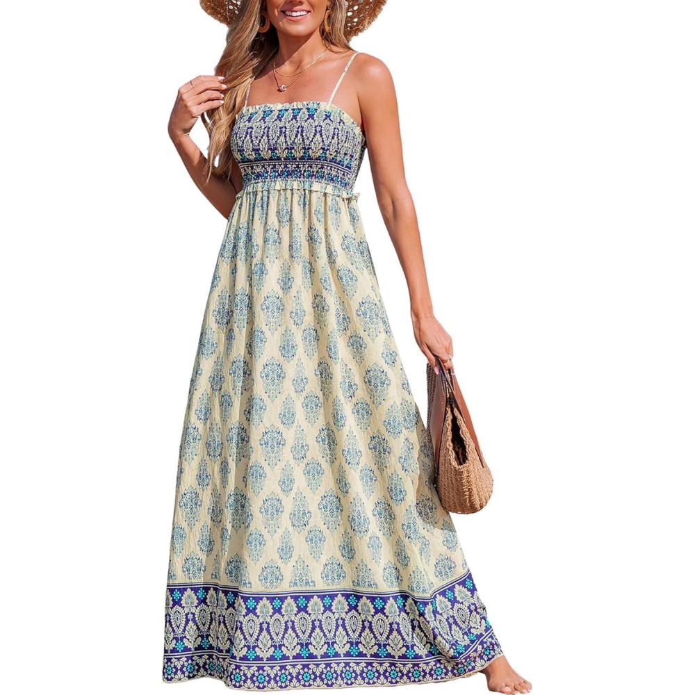 imageCUPSHE Womens Maxi Dress Ditsy Floral Smocked Summer Sundress Sleeveless Ruffled Spaghetti Straps Long Beach Formal DressBlue Printed