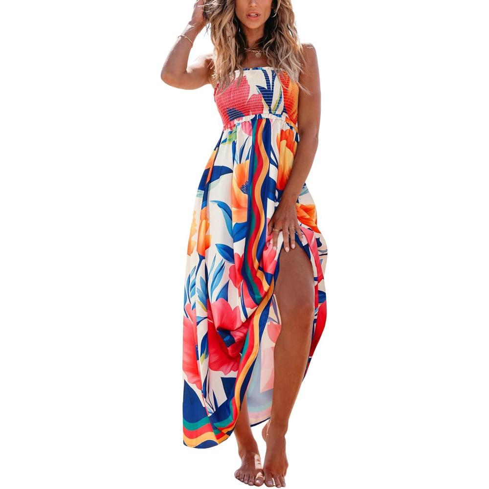 imageCUPSHE Womens Maxi Dress Ditsy Floral Smocked Summer Sundress Sleeveless Ruffled Spaghetti Straps Long Beach Formal DressBlueRed