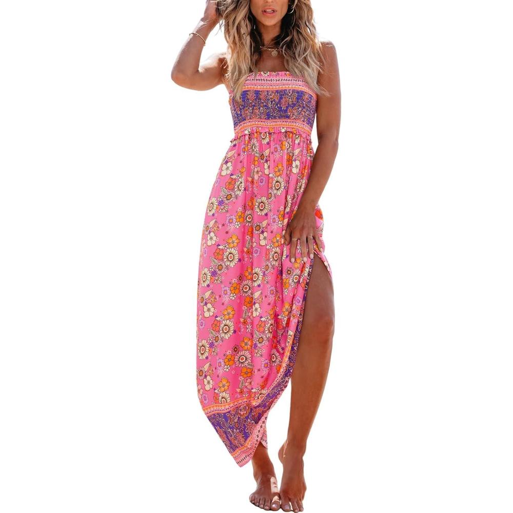 imageCUPSHE Womens Maxi Dress Ditsy Floral Smocked Summer Sundress Sleeveless Ruffled Spaghetti Straps Long Beach Formal DressFuchsia Pink