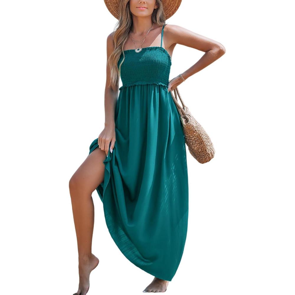 imageCUPSHE Womens Maxi Dress Ditsy Floral Smocked Summer Sundress Sleeveless Ruffled Spaghetti Straps Long Beach Formal DressGreen
