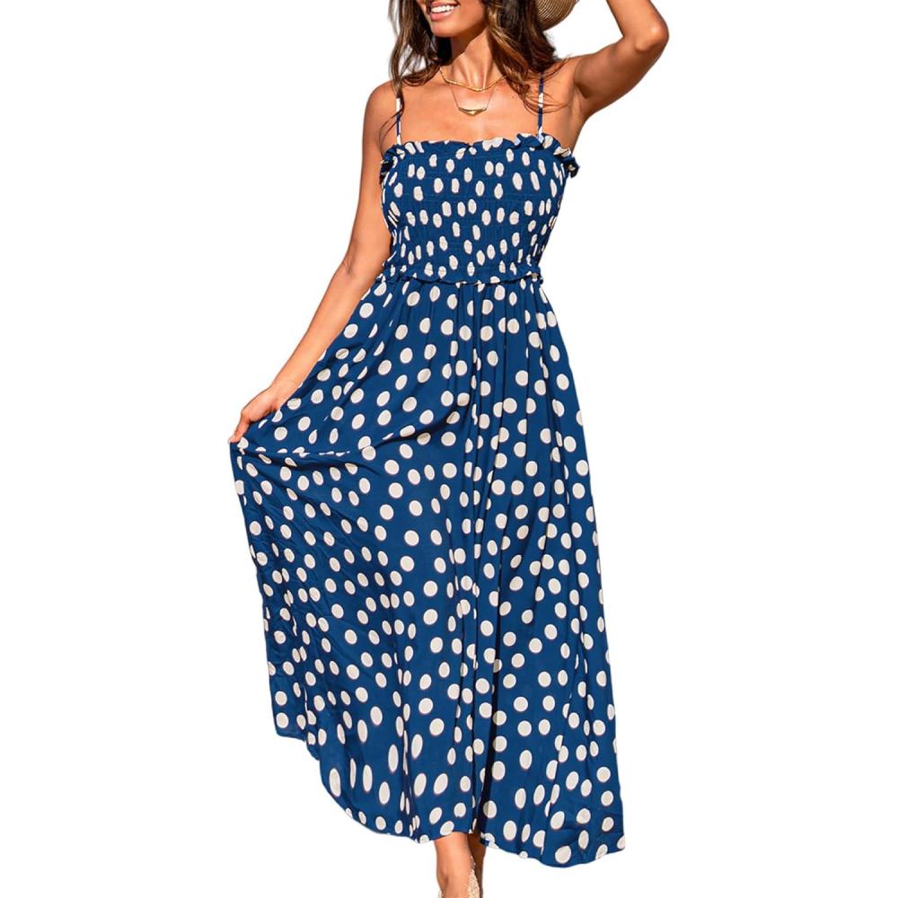 imageCUPSHE Womens Maxi Dress Ditsy Floral Smocked Summer Sundress Sleeveless Ruffled Spaghetti Straps Long Beach Formal DressNavy Dots