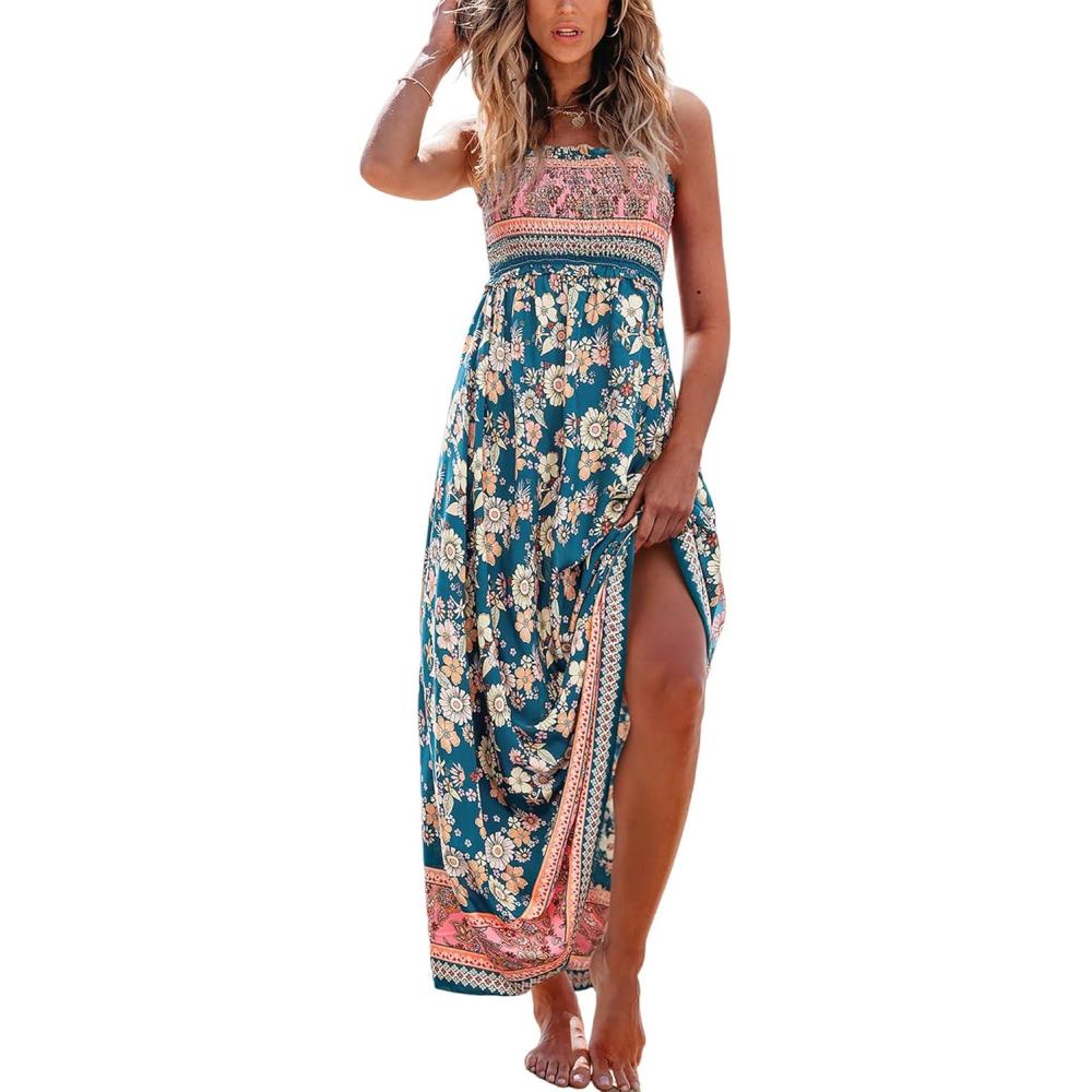 imageCUPSHE Womens Maxi Dress Ditsy Floral Smocked Summer Sundress Sleeveless Ruffled Spaghetti Straps Long Beach Formal DressNavy Floral