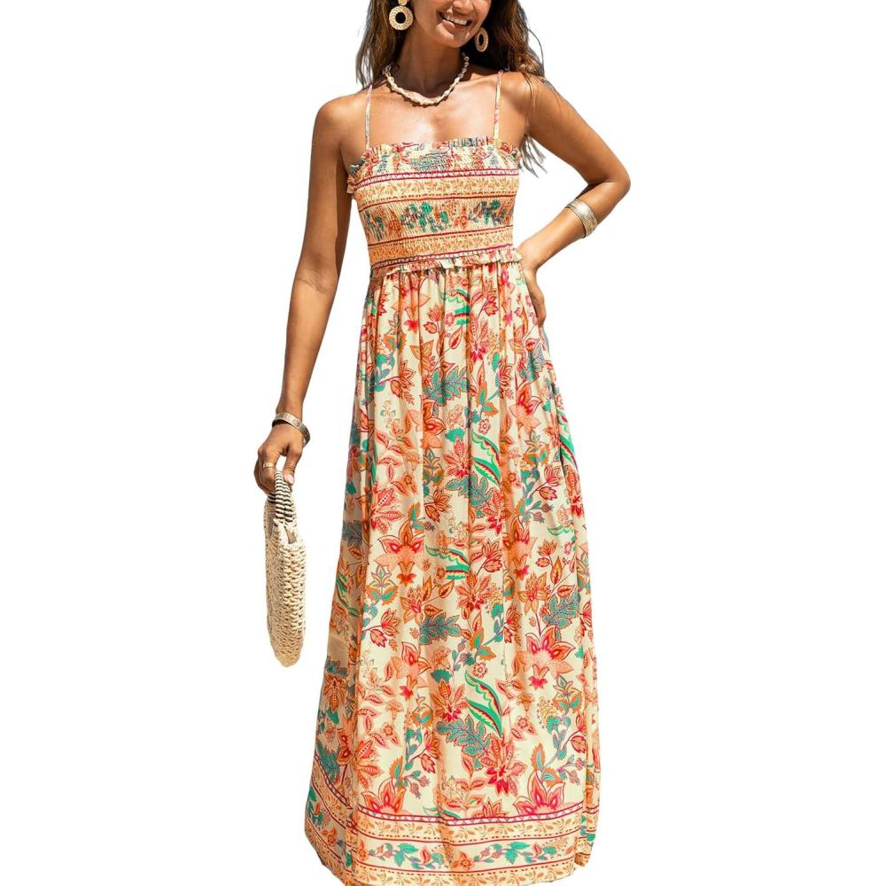 imageCUPSHE Womens Maxi Dress Ditsy Floral Smocked Summer Sundress Sleeveless Ruffled Spaghetti Straps Long Beach Formal DressOrange Floral