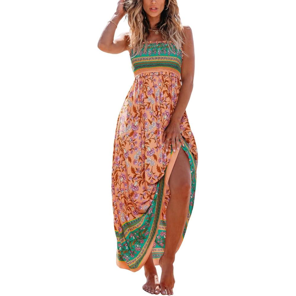 imageCUPSHE Womens Maxi Dress Ditsy Floral Smocked Summer Sundress Sleeveless Ruffled Spaghetti Straps Long Beach Formal DressPeach Floral