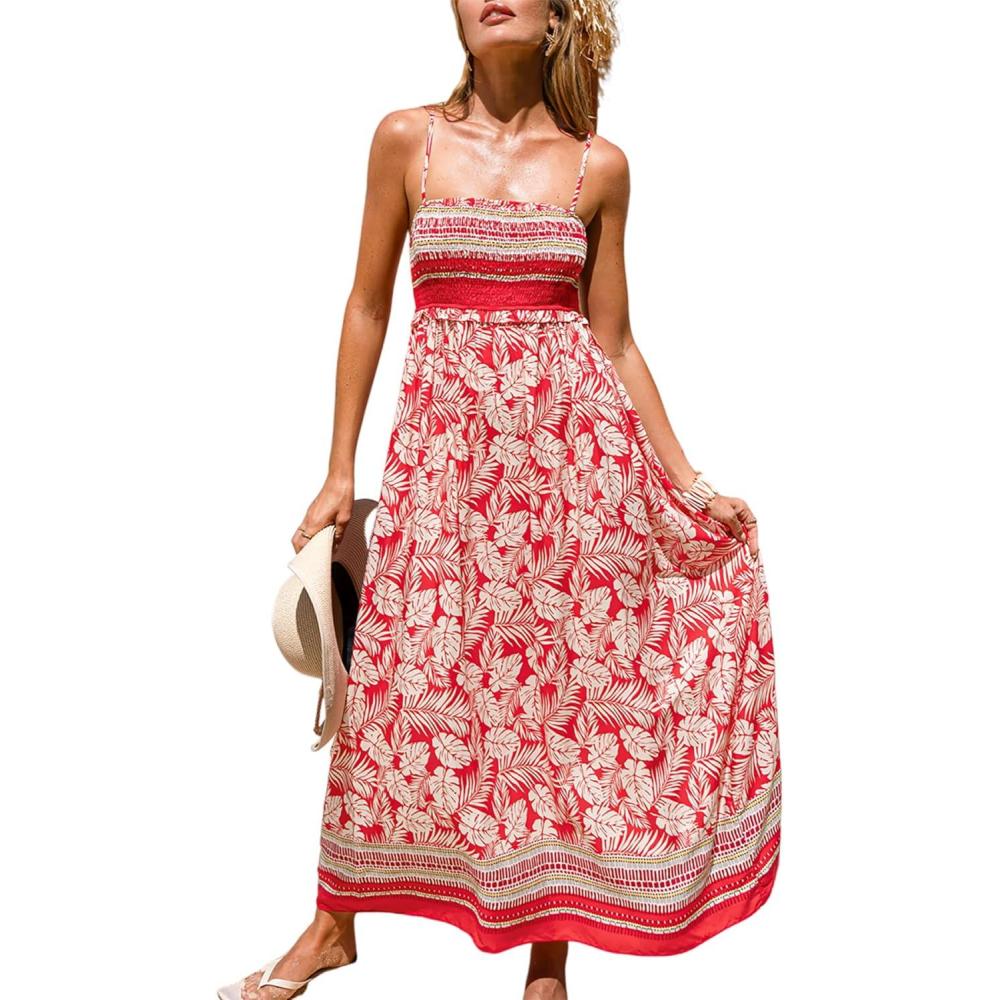 imageCUPSHE Womens Maxi Dress Ditsy Floral Smocked Summer Sundress Sleeveless Ruffled Spaghetti Straps Long Beach Formal DressRed Tropical