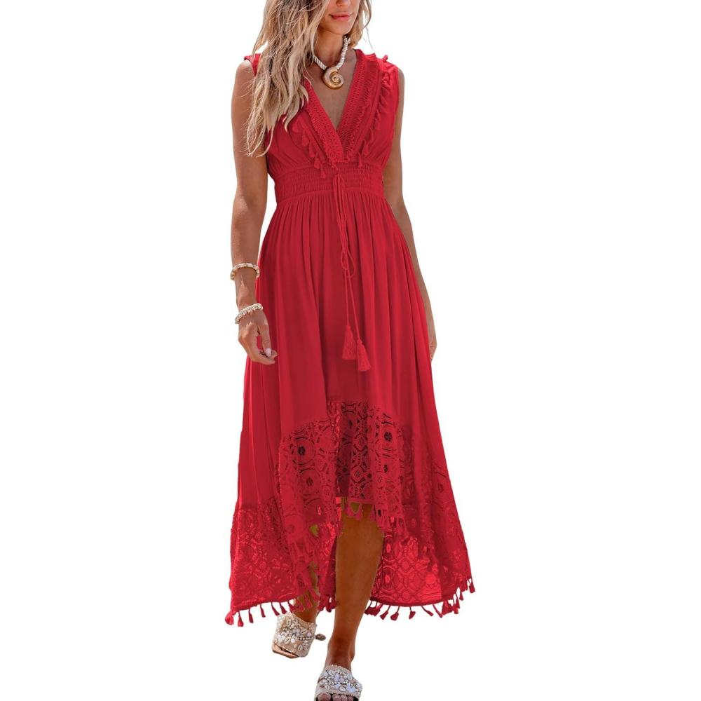imageCUPSHE Womens Maxi Dress V Neck Sleeveless Lace Tassel Smocked Waist Cover Up Beach Formal Long DressRed