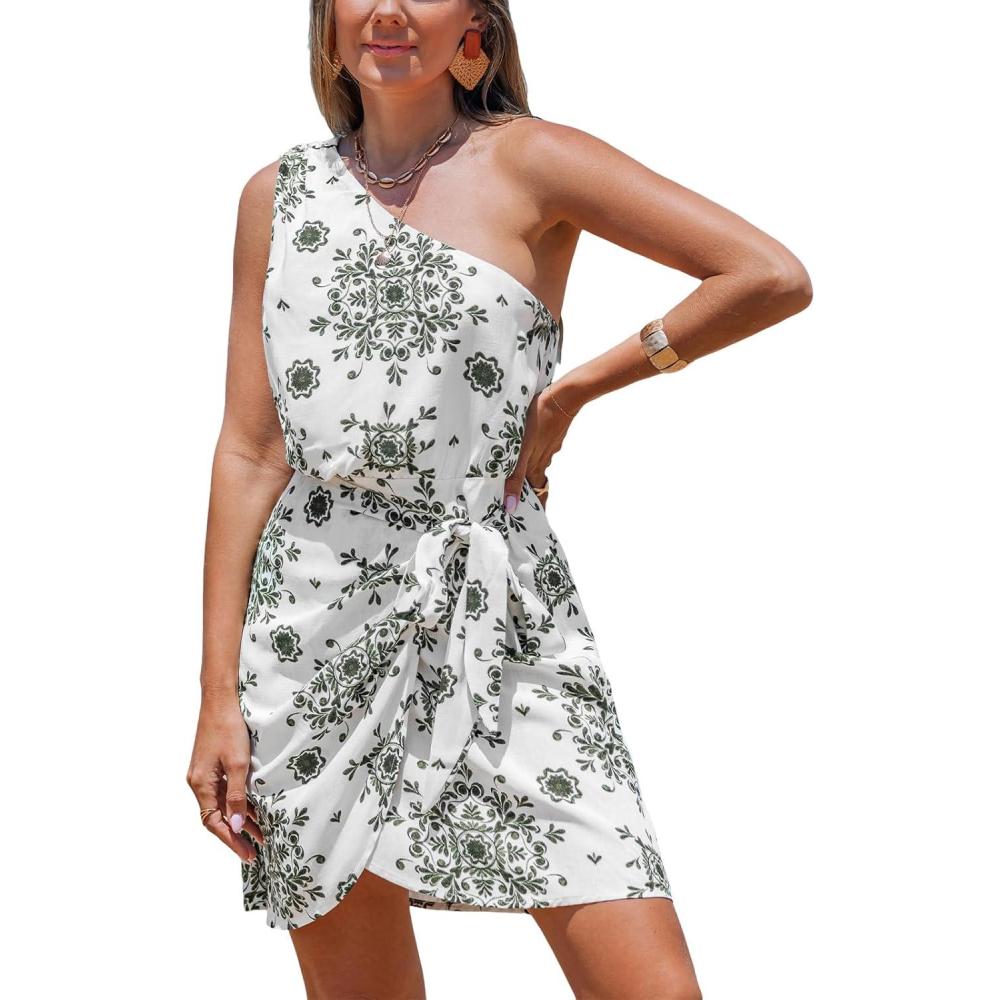 imageCUPSHE Womens One Shoulder Leaf Print Selftie Short Dress Sleeveless Tiered Hem Formal Dress Casual Mini DressDark Green Paisley