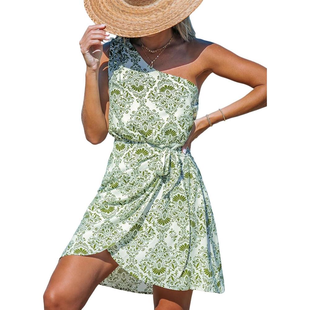 imageCUPSHE Womens One Shoulder Leaf Print Selftie Short Dress Sleeveless Tiered Hem Formal Dress Casual Mini DressGreen Paisley