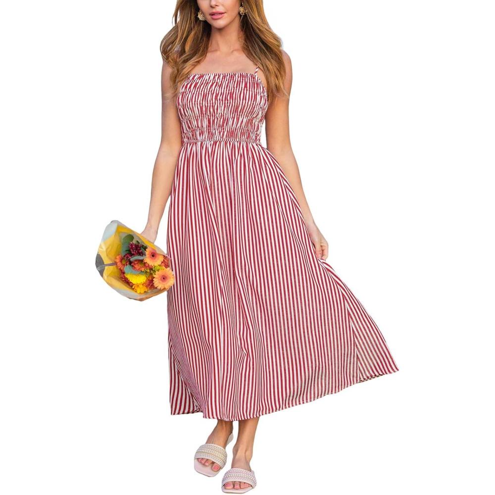 imageCUPSHE Womens Striped Smocked Maxi Dress Spaghetti Strap Flowy Sundress Beach Vacation Summer Long DressesRed White