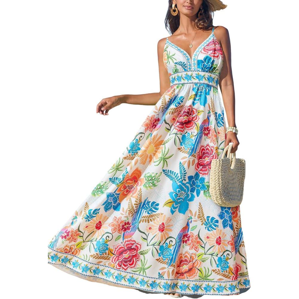 imageCUPSHE Womens Summer Dresses Casual Spring V Neck Sleeveless Floral Beach Vacation Long Spaghetti Strap Flowy Maxi DressBlue Floral