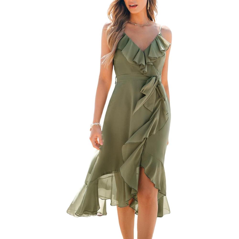 imageCUPSHE Womens Summer Dresses Ruffled Sleeveless Spaghetti Straps Beach Midi Chiffon Bridesmaid Wedding Guest DressOlive Green