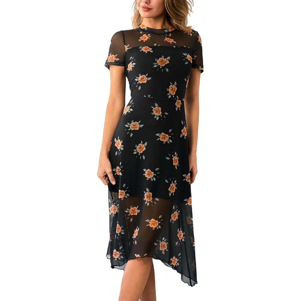 imageCUPSHE Womens Summer Dresses Sheer Floral Mesh Short Sleeve Midi Dress Fitted Casual Vacation Party Wedding Guest DressBlack Floral