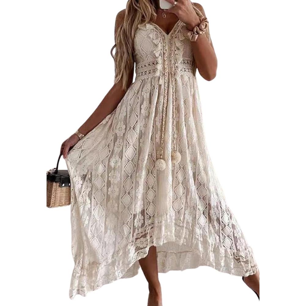 imageCUPSHE Womens Summer Dresses Sleeveless Lace Casual Tassel Beach Spaghetti Straps Flowy Maxi Sun DressBeige