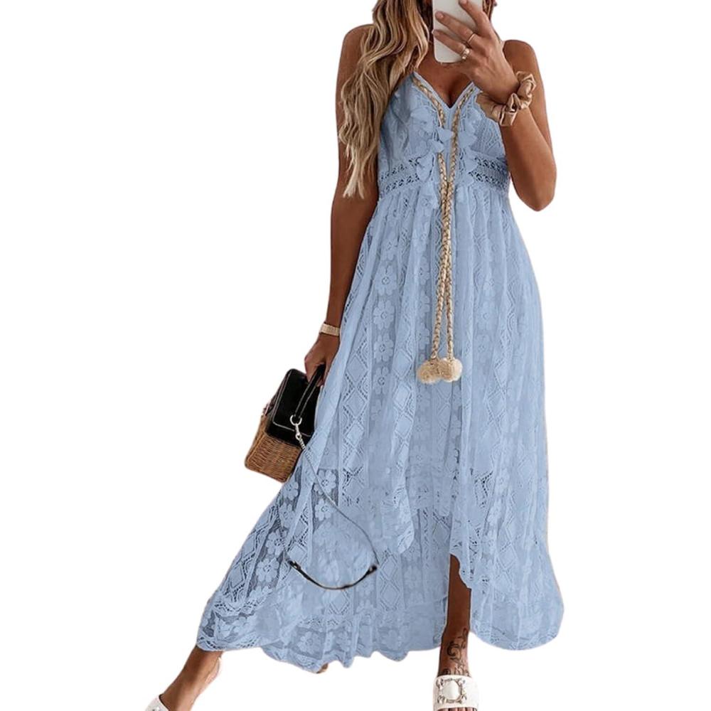 imageCUPSHE Womens Summer Dresses Sleeveless Lace Casual Tassel Beach Spaghetti Straps Flowy Maxi Sun DressBlue