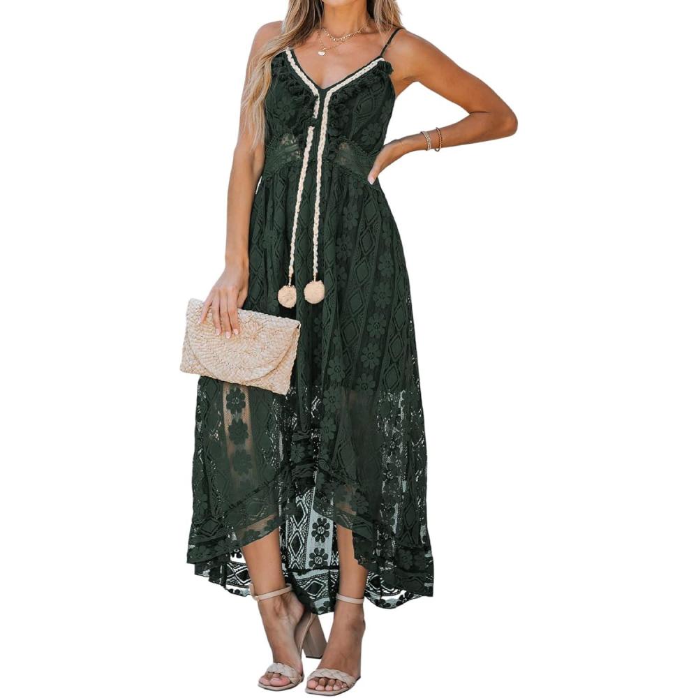 imageCUPSHE Womens Summer Dresses Sleeveless Lace Casual Tassel Beach Spaghetti Straps Flowy Maxi Sun DressDark Green