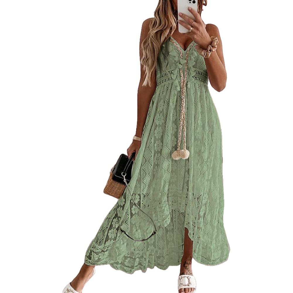imageCUPSHE Womens Summer Dresses Sleeveless Lace Casual Tassel Beach Spaghetti Straps Flowy Maxi Sun DressGreen
