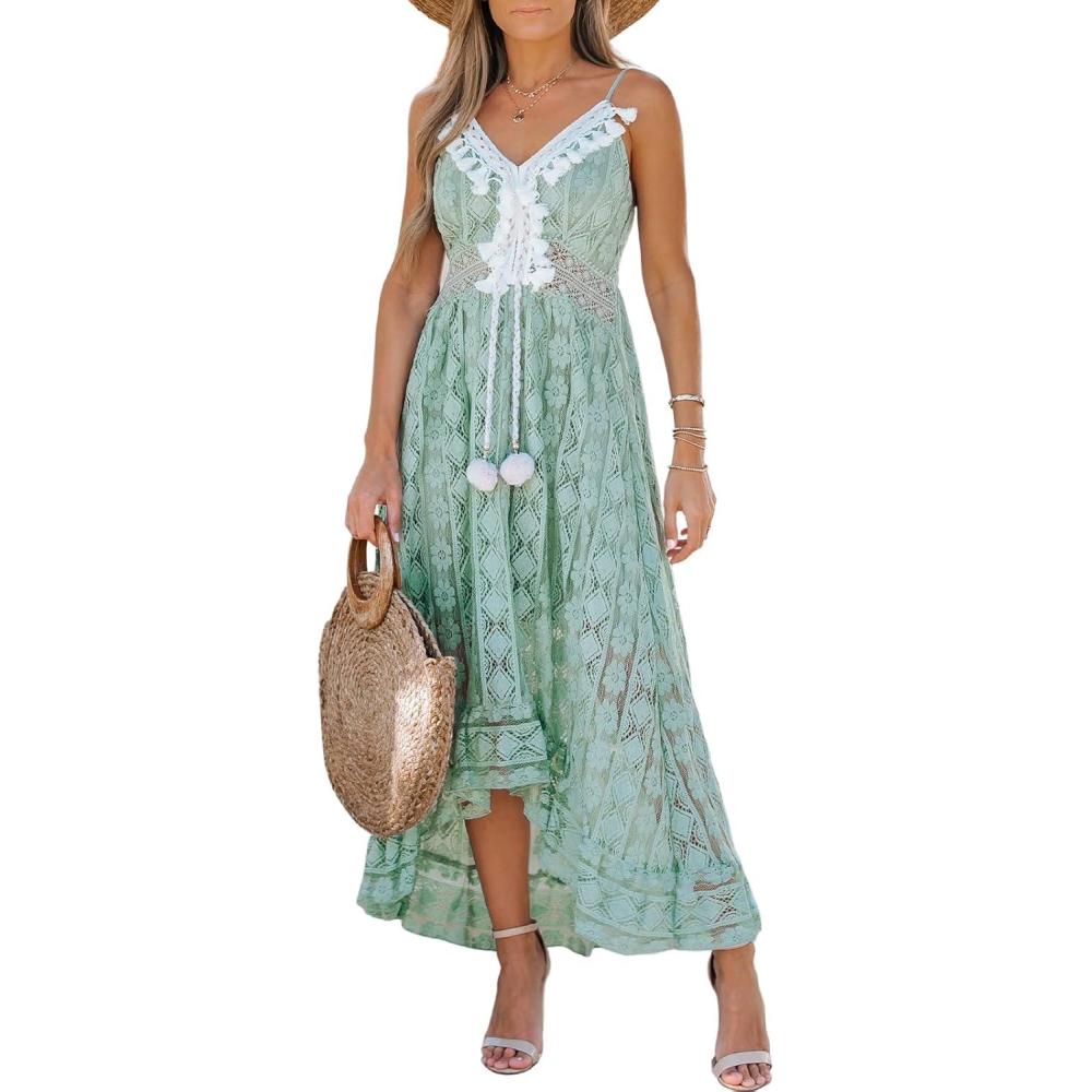 imageCUPSHE Womens Summer Dresses Sleeveless Lace Casual Tassel Beach Spaghetti Straps Flowy Maxi Sun DressMint Green