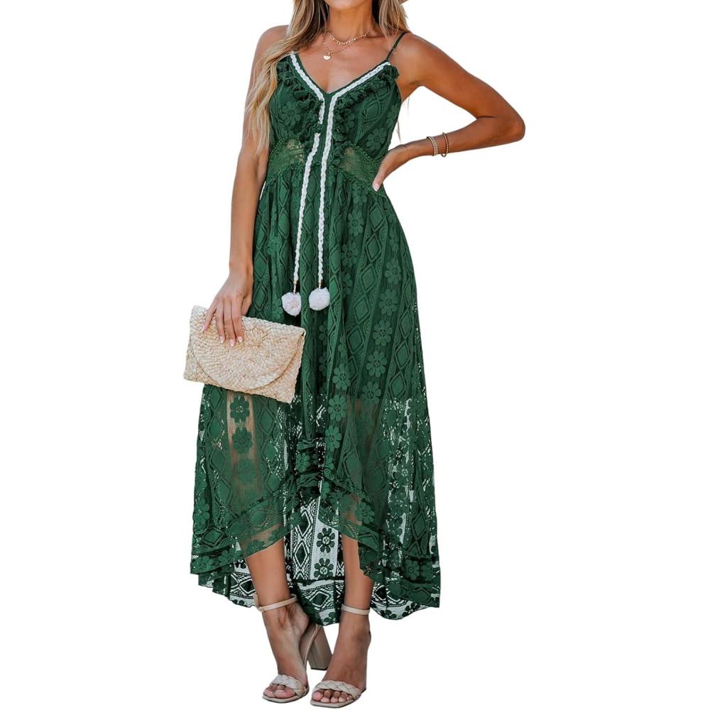imageCUPSHE Womens Summer Dresses Sleeveless Lace Casual Tassel Beach Spaghetti Straps Flowy Maxi Sun DressOlive Green