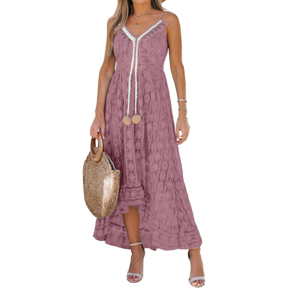 imageCUPSHE Womens Summer Dresses Sleeveless Lace Casual Tassel Beach Spaghetti Straps Flowy Maxi Sun DressRust Red