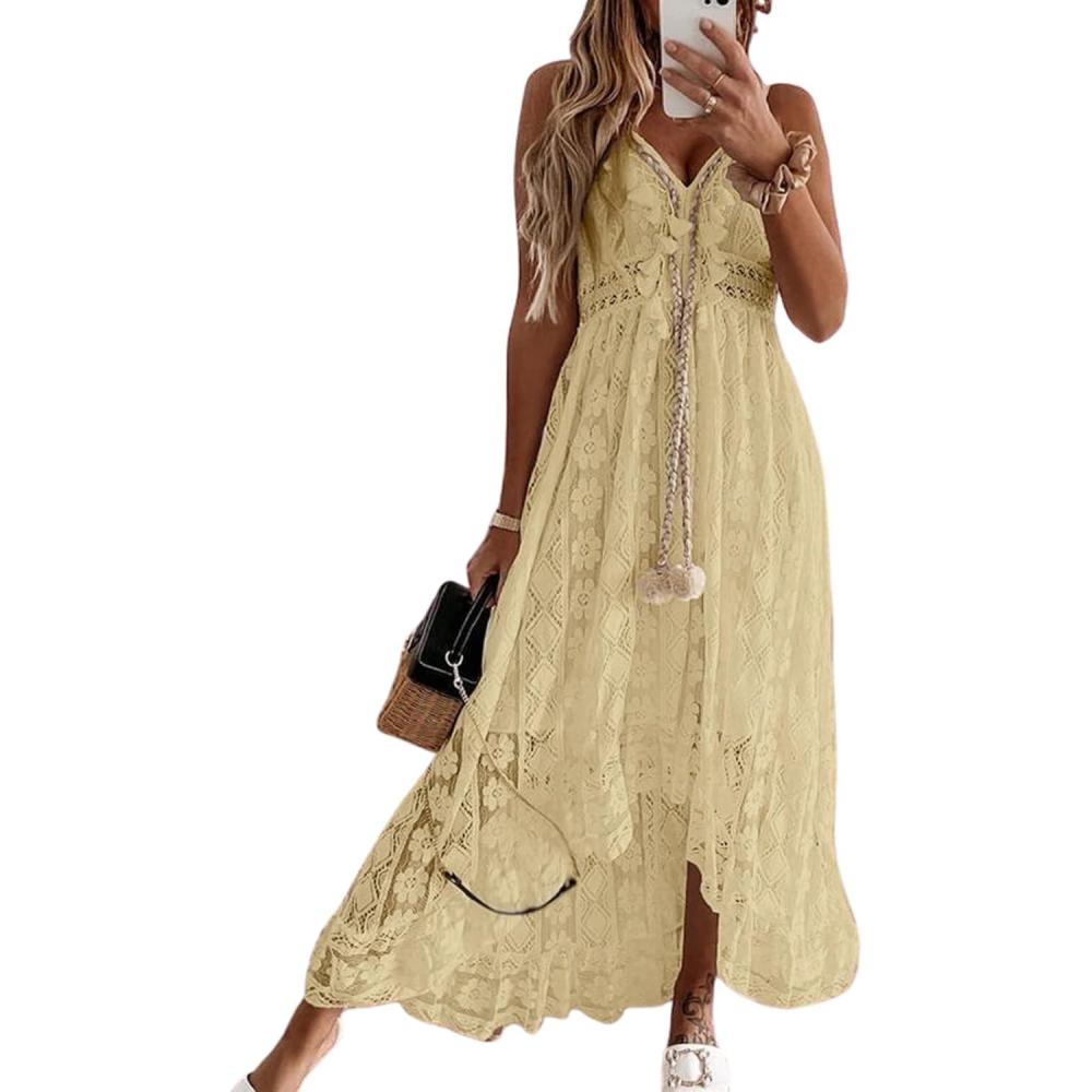 imageCUPSHE Womens Summer Dresses Sleeveless Lace Casual Tassel Beach Spaghetti Straps Flowy Maxi Sun DressYellow