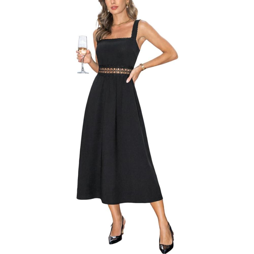 imageCUPSHE Womens Summer Dresses Square Neck Hollow Out Sleeveless Scalloped Eyelet Lace Straps Midi DressMidnight Black