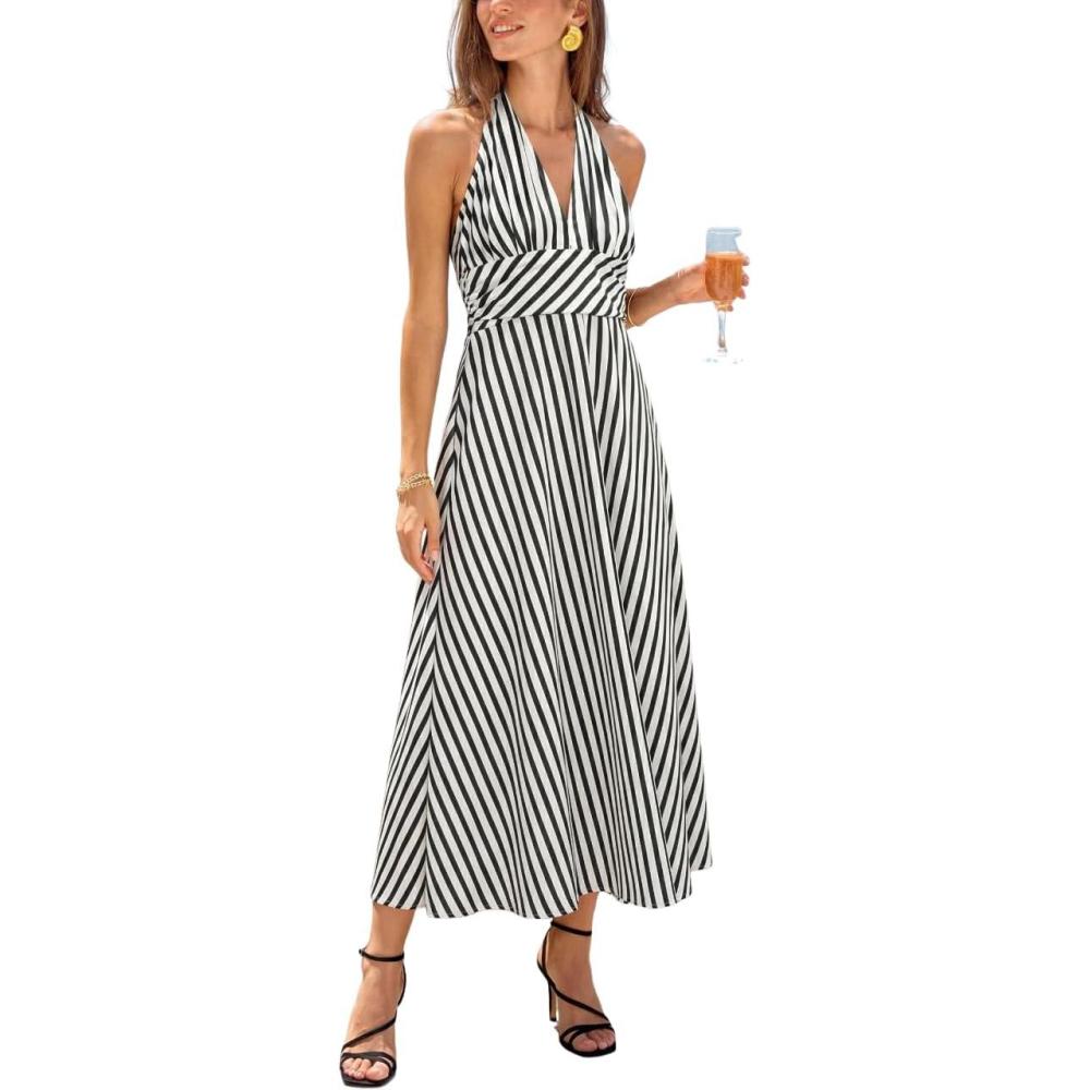 imageCUPSHE Womens Summer Dresses Striped Halter Backless Plunging V Neck Beach Vacation Maxi DressBlack