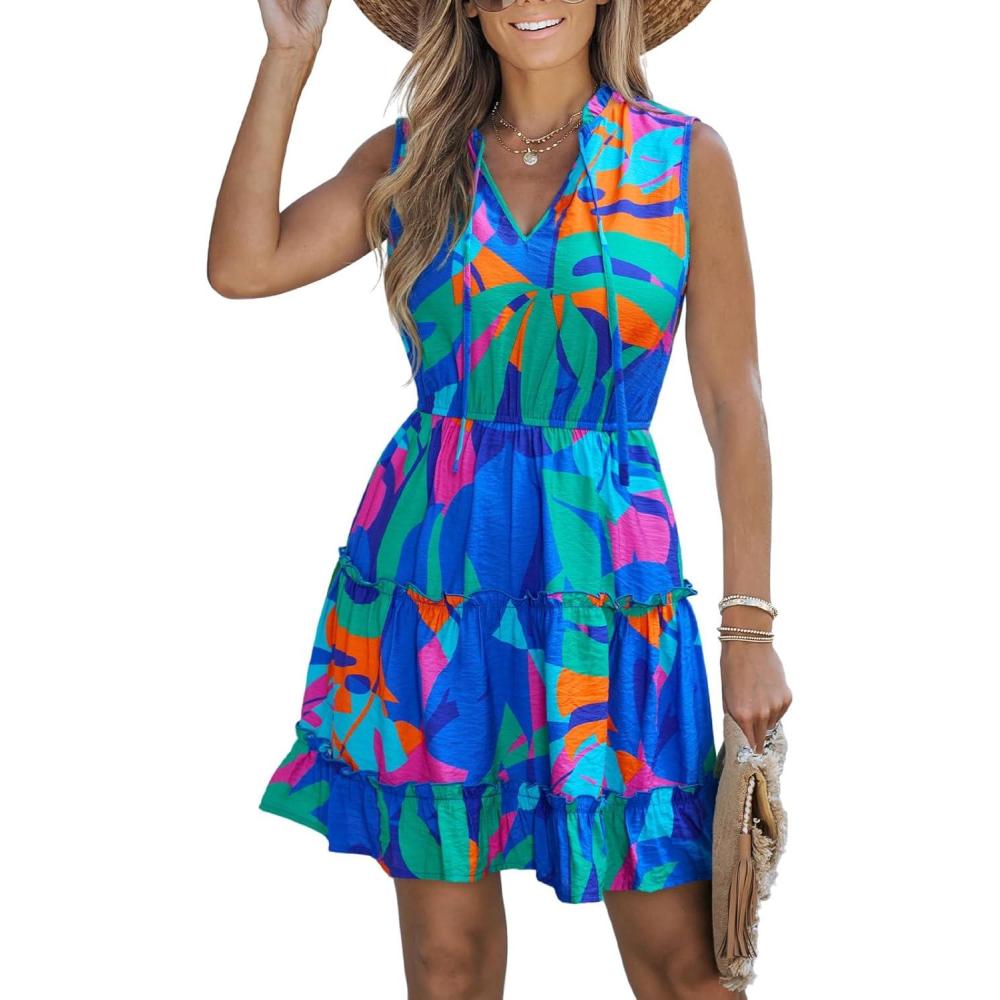 imageCUPSHE Womens Summer Dresses Tie Neck Sleeveless Tiered Ruffle ALine Tunic Mini DressGreen Blue