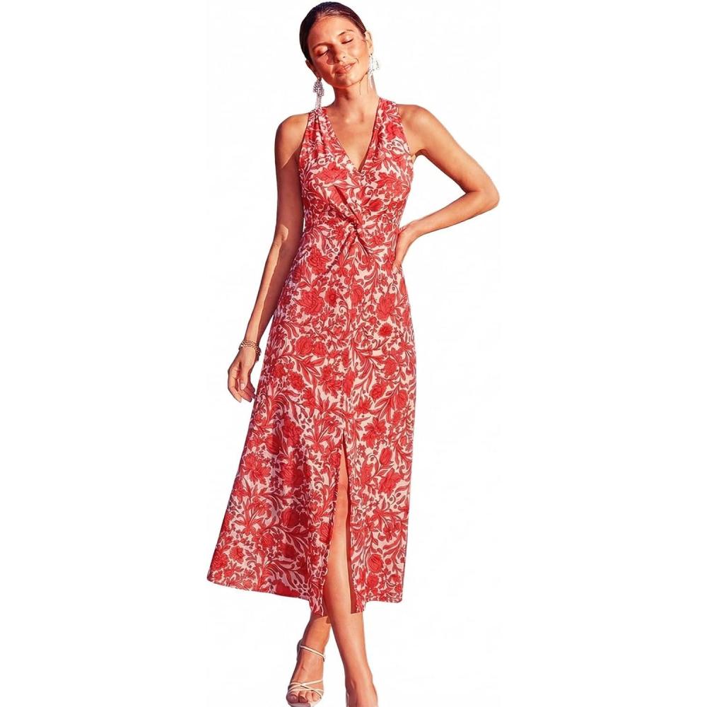 imageCUPSHE Womens Summer Floral Midi Dress Sleeveless V Neck Twist Knot Front Flowy A Line Sundress for Beach VacationRed