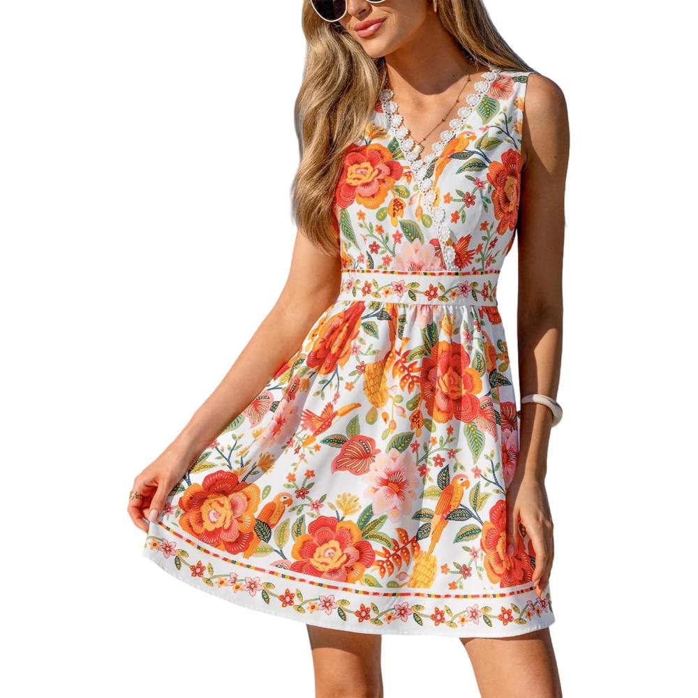 imageCUPSHE Womens Summer Mini Dresses Vacation Floral Lace V Neck Sleeveless Sundress Casual Flowy Short A Line Beach DressRed Floral