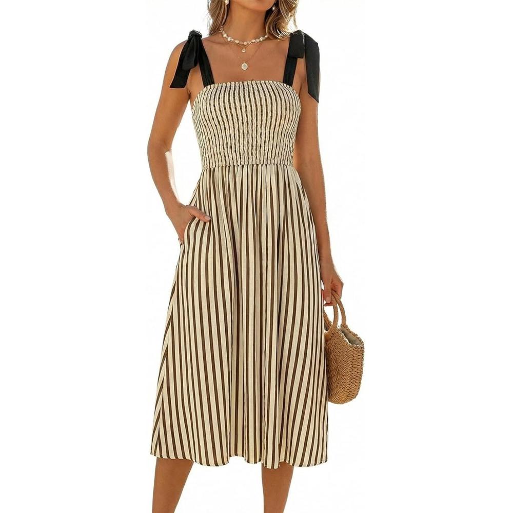 imageCUPSHE Womens Summer Smocked Midi Dress Striped Sleeveless Tie Shoulder Cami Dress Beach Flowy Long SundressBeige Brown