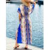 CUPSHE Women Boho Maxi Summer Dress Plunging V Half Dolman Sleeve Empired Waist Side Slit Sundress Holiday Beach Dresses(Blue Beige)