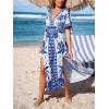 CUPSHE Women Boho Maxi Summer Dress Plunging V Half Dolman Sleeve Empired Waist Side Slit Sundress Holiday Beach Dresses(Blue White)