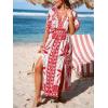 CUPSHE Women Boho Maxi Summer Dress Plunging V Half Dolman Sleeve Empired Waist Side Slit Sundress Holiday Beach Dresses(Red White)