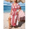 CUPSHE Women Boho Maxi Summer Dress Plunging V Half Dolman Sleeve Empired Waist Side Slit Sundress Holiday Beach Dresses(Red White)