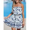 CUPSHE Women Floral Mini Summer Dress Tiered Ruffle Tube Front Button Elastic Waist Tie Casual Holiday Beach Dresses(White Blue Floral)