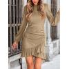 CUPSHE Women Knit Ruched Fall Dress Smocked Ruffle Hem Crew Neck Long Sleeve Bodycon Sexy Casual Holiday Mini Dress(Khaki)
